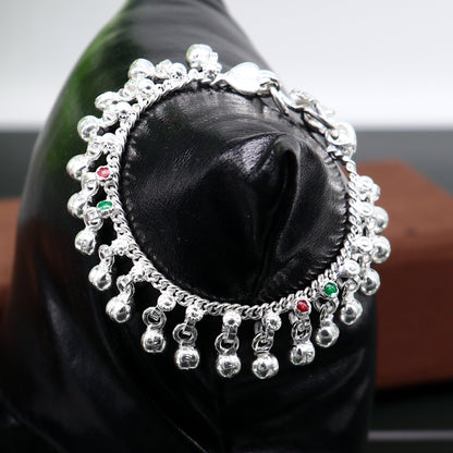 Sterling silver handmade baby ankle bracelet with waved jingling bells, tribal ornament style, perfect kids gifting jewelry.