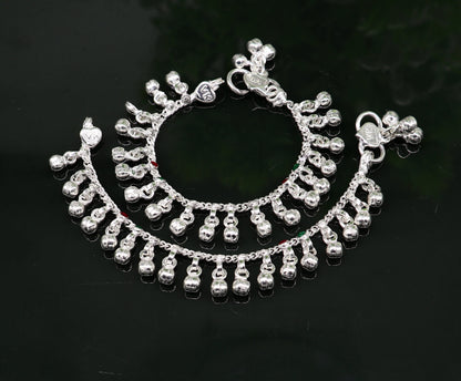 Sterling silver handmade baby ankle bracelet with waving jingling bells, tribal design, perfect for kids gifting jewelry.