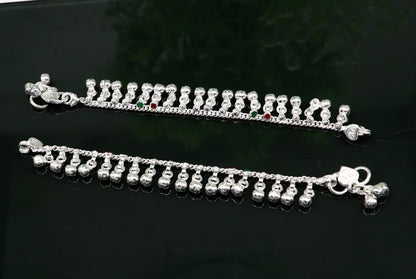 Sterling silver handmade baby ankle bracelet with waved jingling bells, tribal design, perfect kids gift jewelry.