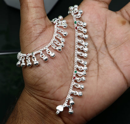 Sterling silver handmade baby ankle bracelet with waved jingling noisy bells, tribal design, perfect kids gift jewelry.