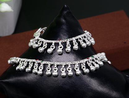 Sterling silver handmade baby ankle bracelet with waved jingling bells, tribal design, perfect kids gift jewelry.