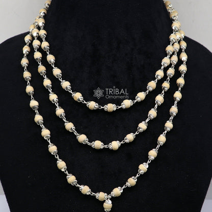 925 Sterling silver basil rosary beads chain necklace by Tribal Ornaments, ideal for meditation and mantra chanting.