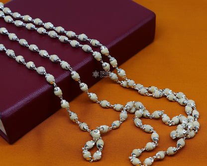 925 Sterling silver basil rosary beads chain necklace by TRIBAL ORNAMENTS, featuring handmade beads for meditation or mantra chanting.