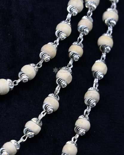 925 Sterling silver basil rosary beads chain necklace by TRIBAL ORNAMENTS, handmade with 54 beads for meditation and mantra chanting.