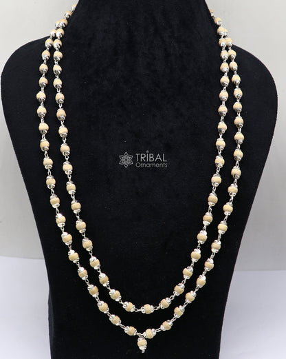 Handmade 925 sterling silver basil rosary beads chain necklace by TRIBAL ORNAMENTS, ideal for meditation and mantra chanting.