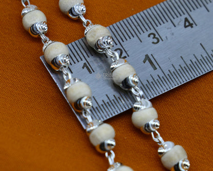 Sterling silver basil rosary beads chain necklace by Tribal Ornaments, handmade meditation or mantra chanting jewelry with 108 beads.