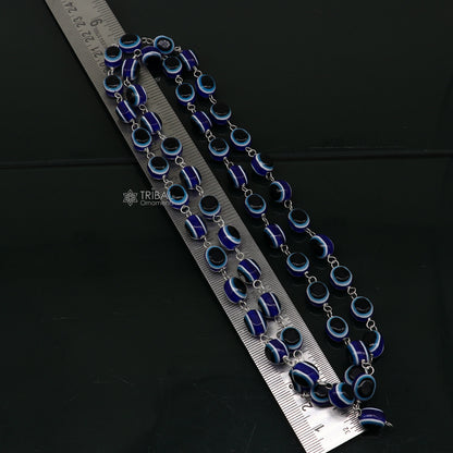 Handmade 54-bead Jaap mala necklace with evil eye beads and 925 silver chain, ideal for meditation and spiritual practice.