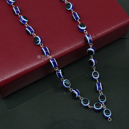 Handmade 54-bead Jaap mala necklace with evil eye beads, 925 silver chain, designed for meditation and spiritual protection.