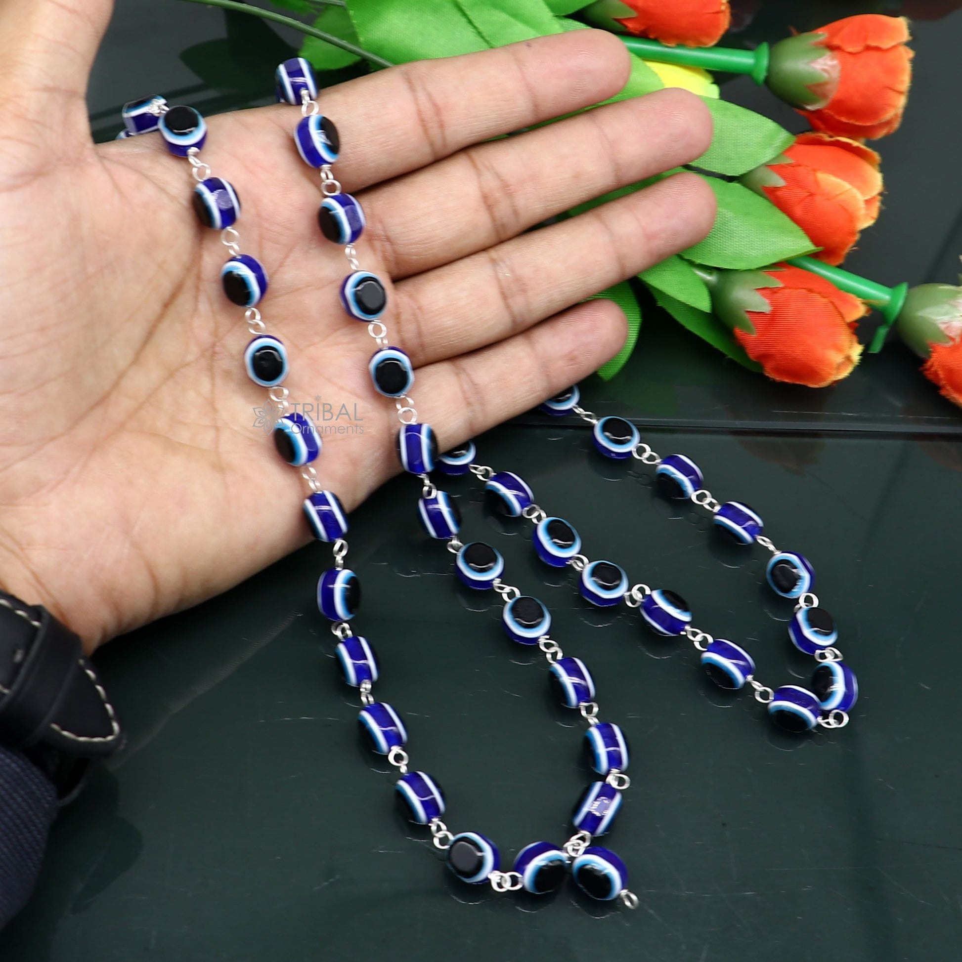 54 beads Jaap/ japa mala evil eyes beads handmade necklace chain 925 silver chain necklace meditation necklace ch560 - TRIBAL ORNAMENTS