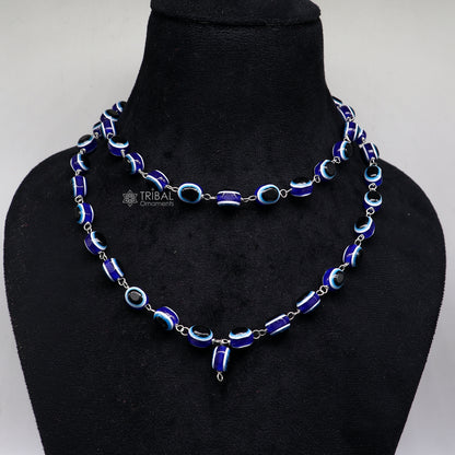 Handmade 54-bead Jaap mala necklace with evil eye beads and 925 silver chain, ideal for meditation and spiritual practices.