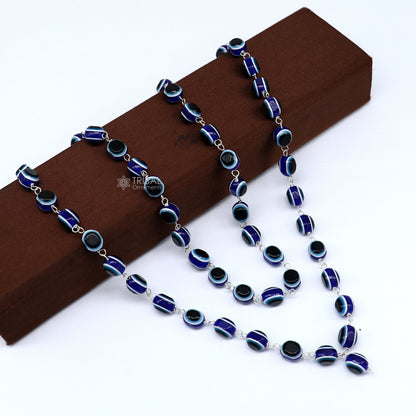 Handmade 54-bead Jaap mala necklace with evil eye beads and 925 silver chain, perfect for meditation and spiritual practice.