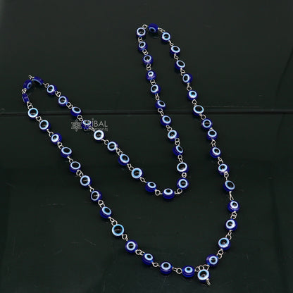 Handmade 54-bead evil eye Jaap mala necklace with 925 silver chain, designed for meditation by Tribal Ornaments.