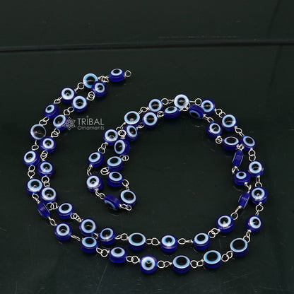 Handmade 54-bead evil eye Jaap mala meditation necklace with 925 silver chain by Tribal Ornaments.