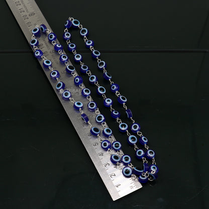 Handmade 54-bead evil eye Jaap mala necklace with 925 silver chain, meditation jewelry from Tribal Ornaments.
