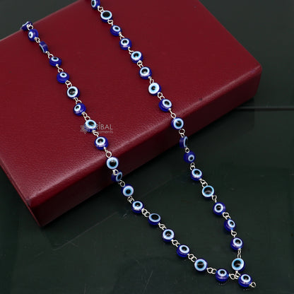 Handmade Jaap mala necklace with 54 evil eye beads, 925 silver chain, designed for meditation by TRIBAL ORNAMENTS.