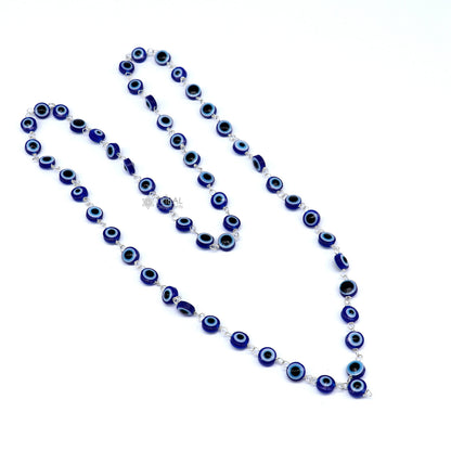 Handmade 54-bead evil eye Jaap mala meditation necklace with 925 silver chain by TRIBAL ORNAMENTS.