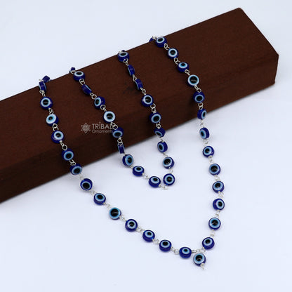 Handmade 54 beads evil eye Japa mala meditation necklace with 925 silver chain by Tribal Ornaments, featuring traditional design.