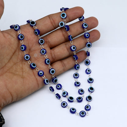 Handmade 54 beads evil eyes Jaap mala meditation necklace with 925 silver chain by Tribal Ornaments.