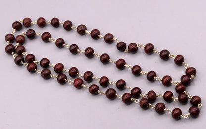 Red sandal chandan jaap mala with 54 beads on a 925 sterling silver chain, tribal regional jewelry from India.
