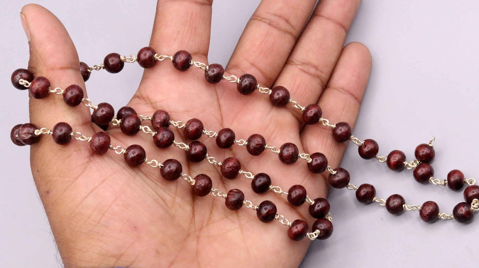 Red sandal chandan jaap mala with 54 beads, 925 sterling silver chain, tribal Indian jewelry for prayer and spiritual use.