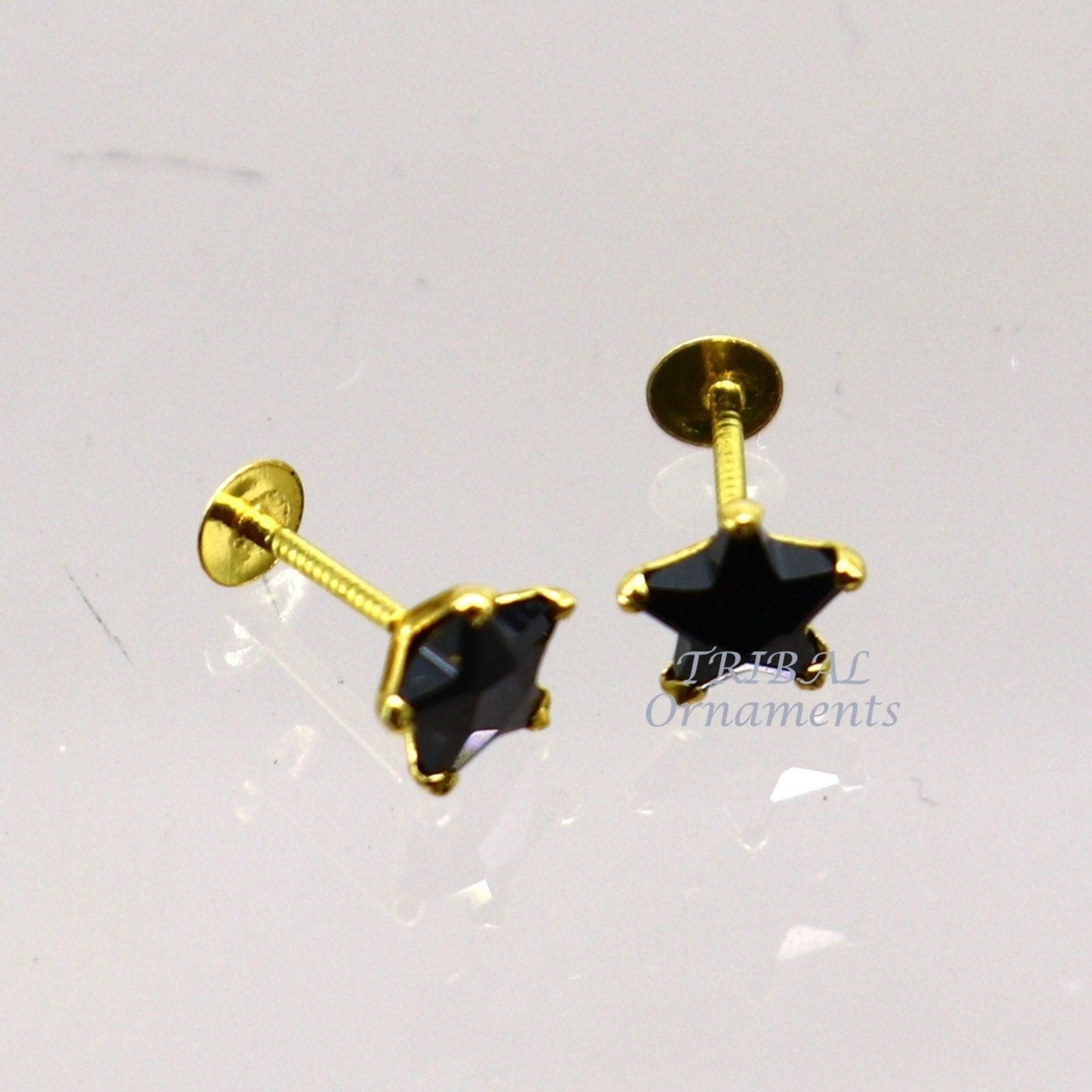 5mm 18kt yellow gold handmade single black stone back screw Star shape stud earring cartilage customized unisex jewelry er142 - TRIBAL ORNAMENTS