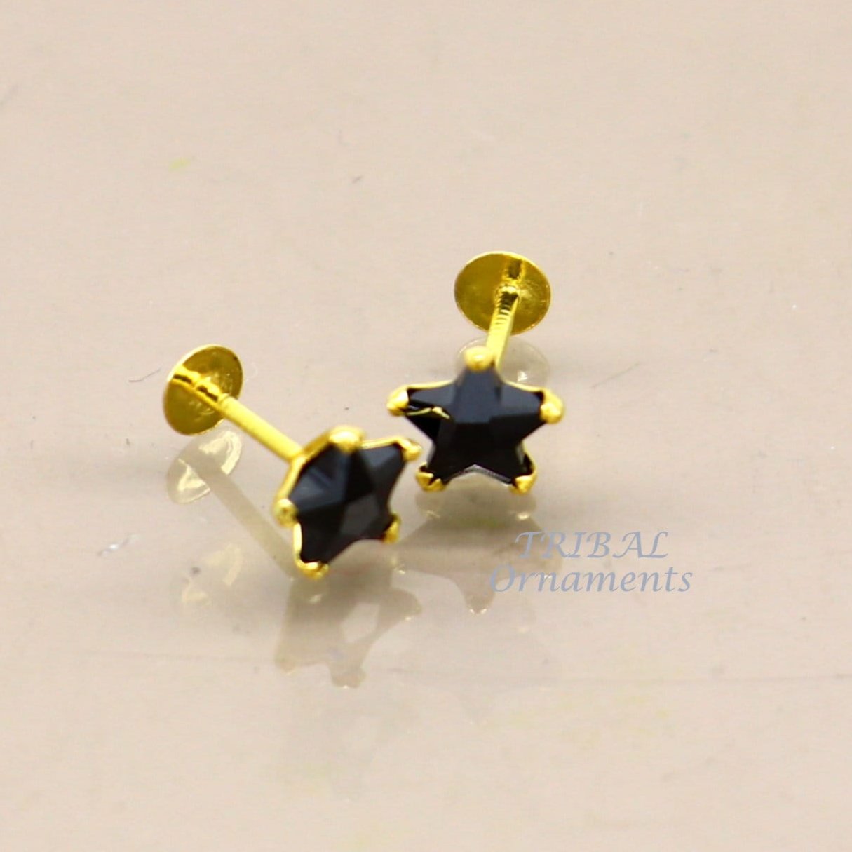 5mm 18kt yellow gold handmade single black stone back screw Star shape stud earring cartilage customized unisex jewelry er142 - TRIBAL ORNAMENTS