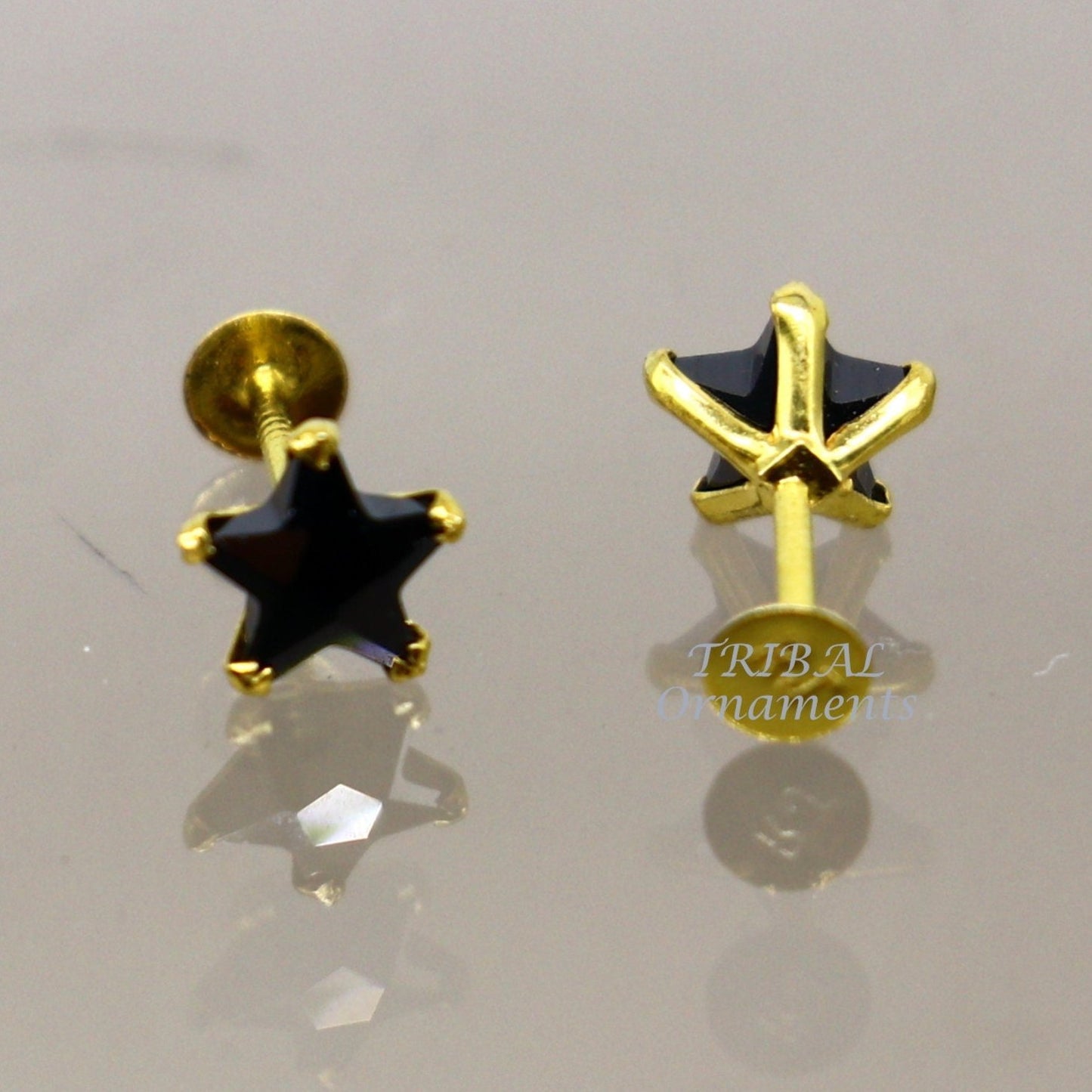 5mm 18kt yellow gold handmade single black stone back screw Star shape stud earring cartilage customized unisex jewelry er142 - TRIBAL ORNAMENTS