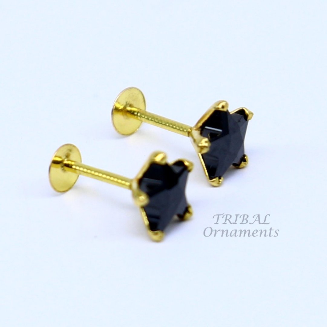 5mm 18kt yellow gold handmade single black stone back screw Star shape stud earring cartilage customized unisex jewelry er142 - TRIBAL ORNAMENTS