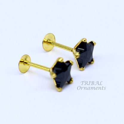5mm 18kt yellow gold handmade single black stone back screw Star shape stud earring cartilage customized unisex jewelry er142 - TRIBAL ORNAMENTS