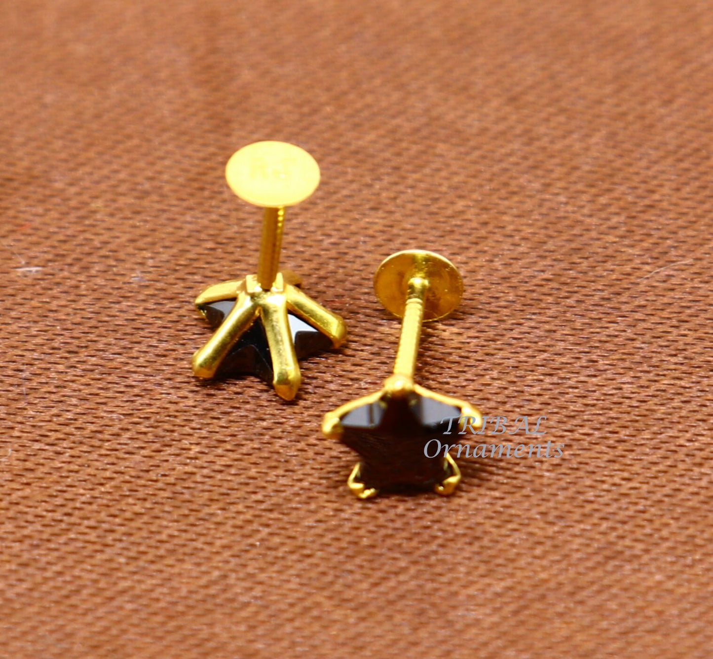 5mm 18kt yellow gold handmade single black stone back screw Star shape stud earring cartilage customized unisex jewelry er142 - TRIBAL ORNAMENTS