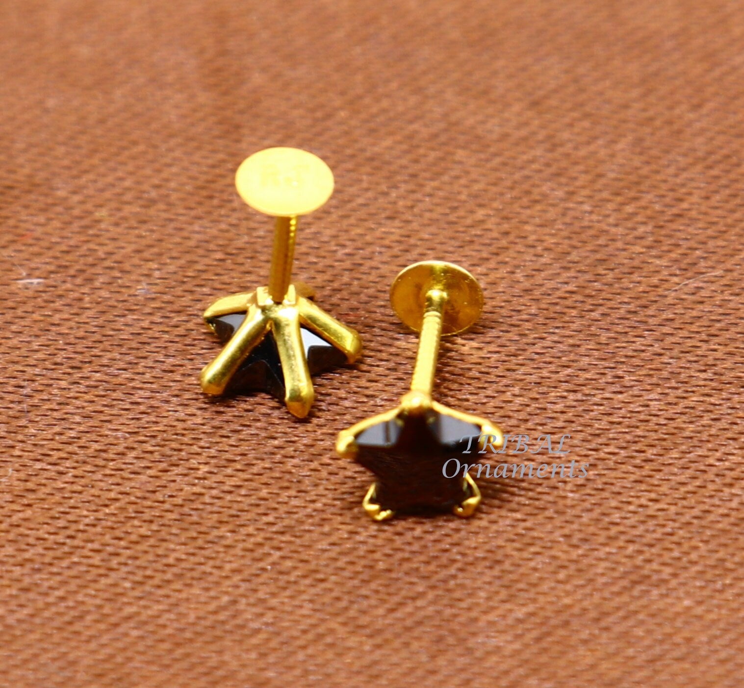5mm 18kt yellow gold handmade single black stone back screw Star shape stud earring cartilage customized unisex jewelry er142 - TRIBAL ORNAMENTS