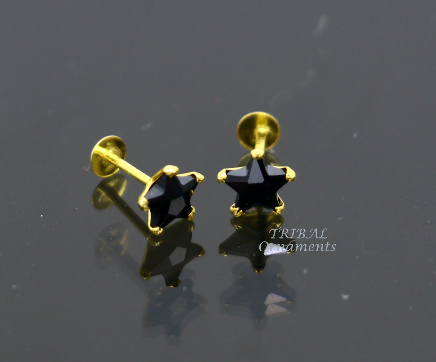 5mm 18kt yellow gold handmade single black stone back screw Star shape stud earring cartilage customized unisex jewelry er142 - TRIBAL ORNAMENTS