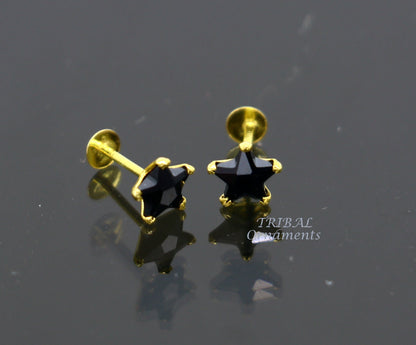 5mm 18kt yellow gold handmade single black stone back screw Star shape stud earring cartilage customized unisex jewelry er142 - TRIBAL ORNAMENTS