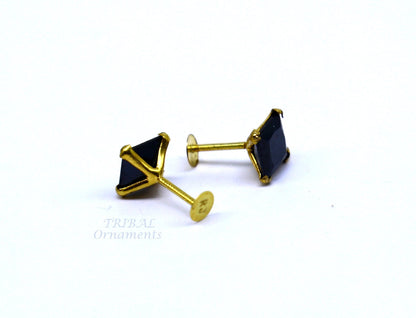 5mm 18kt yellow gold handmade single black stone back screw stud earring cartilage customized unisex jewelry er140 - TRIBAL ORNAMENTS