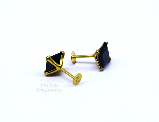 5mm 18kt yellow gold handmade single black stone back screw stud earring cartilage customized unisex jewelry er140 - TRIBAL ORNAMENTS
