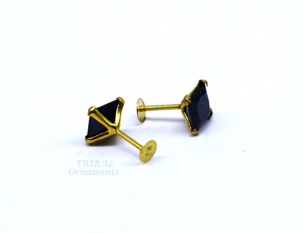 5mm 18kt yellow gold handmade single black stone back screw stud earring cartilage customized unisex jewelry er140 - TRIBAL ORNAMENTS
