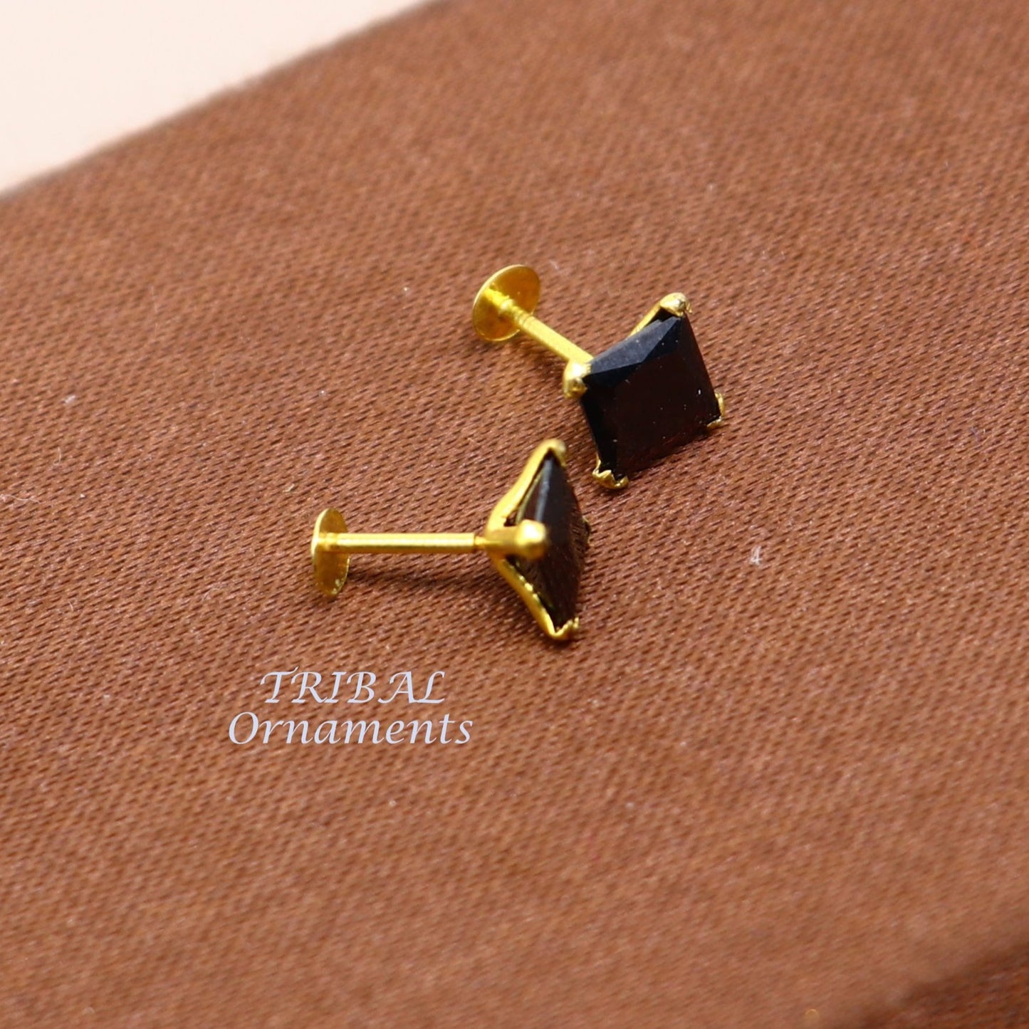5mm 18kt yellow gold handmade single black stone back screw stud earring cartilage customized unisex jewelry er140 - TRIBAL ORNAMENTS