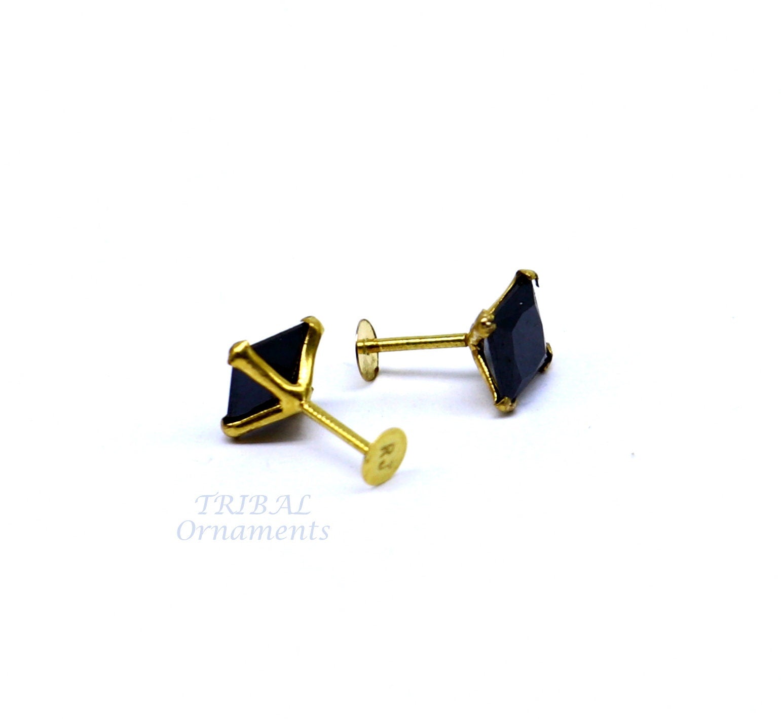 5mm 18kt yellow gold handmade single black stone back screw stud earring cartilage customized unisex jewelry er140 - TRIBAL ORNAMENTS