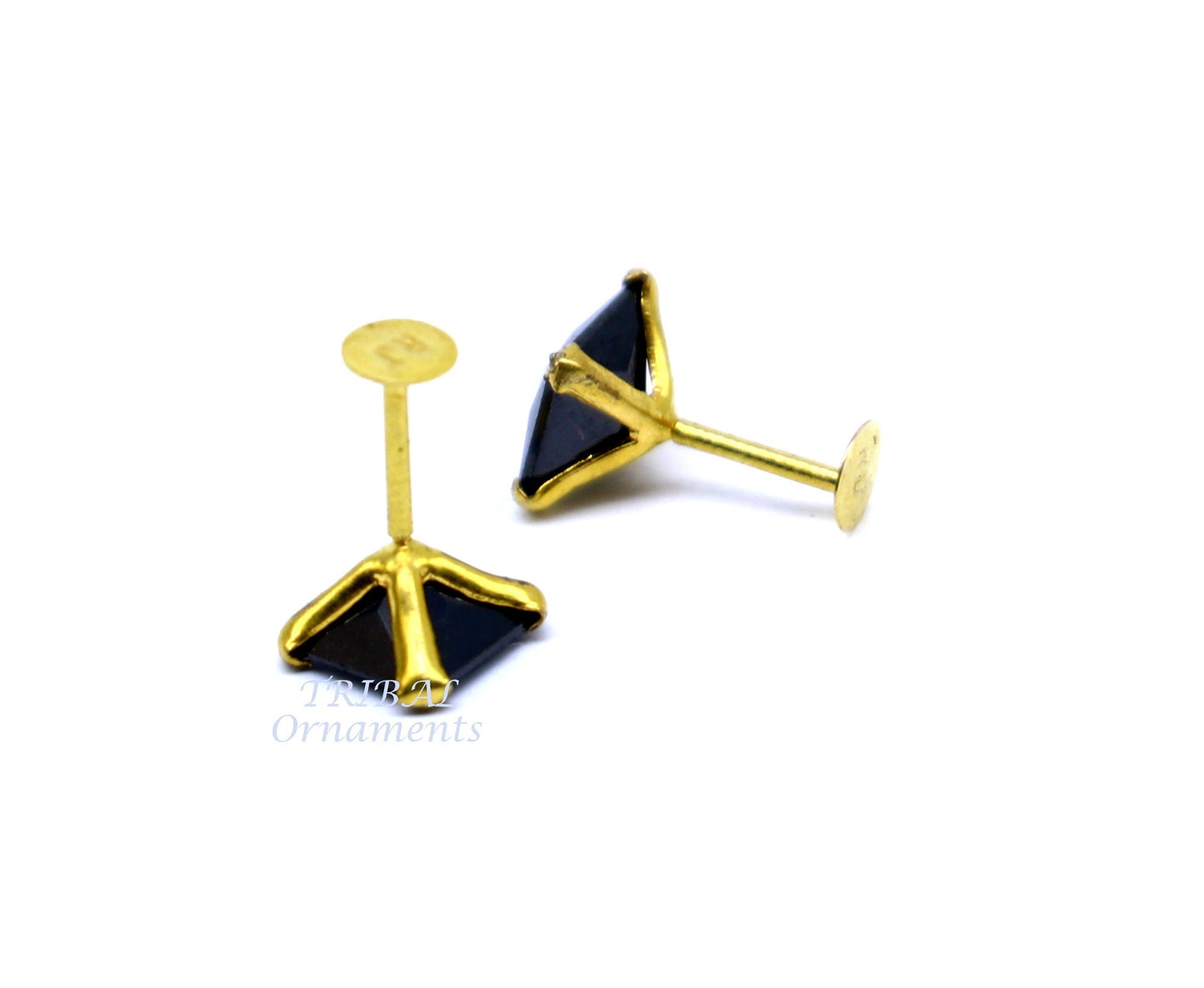 5mm 18kt yellow gold handmade single black stone back screw stud earring cartilage customized unisex jewelry er140 - TRIBAL ORNAMENTS