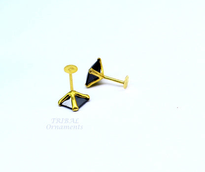 5mm 18kt yellow gold handmade single black stone back screw stud earring cartilage customized unisex jewelry er140 - TRIBAL ORNAMENTS