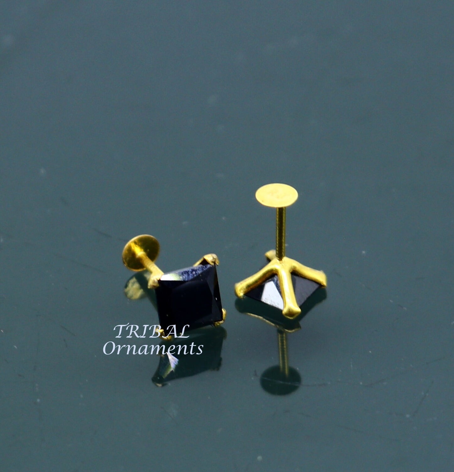5mm 18kt yellow gold handmade single black stone back screw stud earring cartilage customized unisex jewelry er140 - TRIBAL ORNAMENTS
