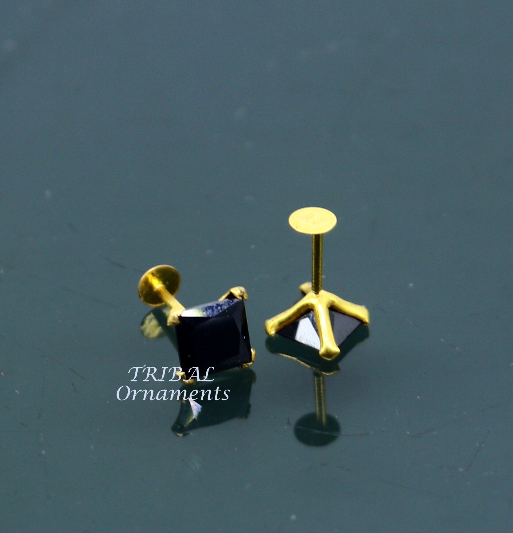 5mm 18kt yellow gold handmade single black stone back screw stud earring cartilage customized unisex jewelry er140 - TRIBAL ORNAMENTS