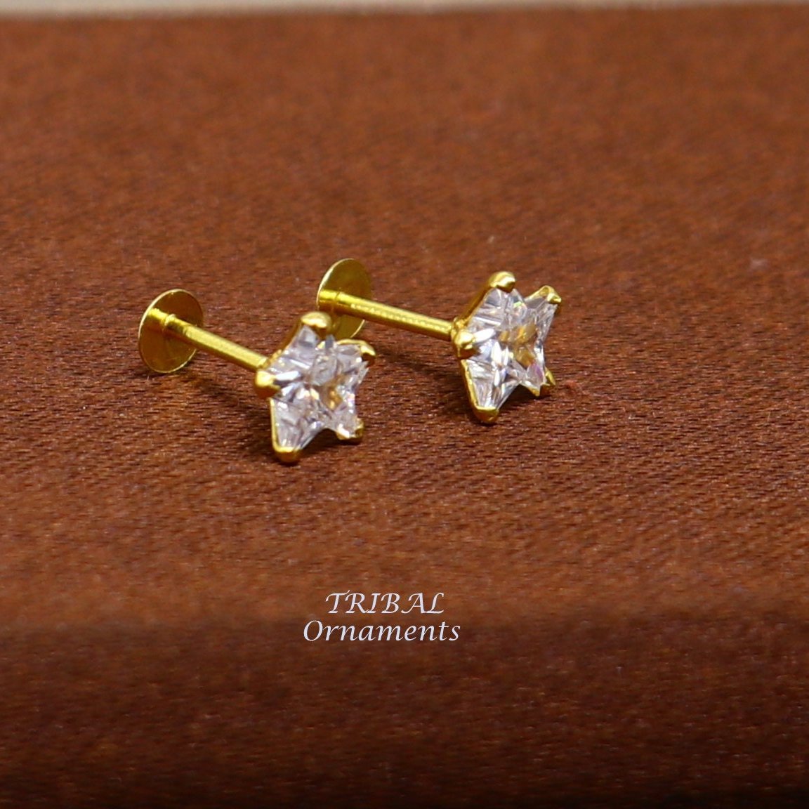 5mm 18kt yellow gold handmade single cubic zircon stone back screw star shape stud earring cartilage customized unisex jewelry er146 - TRIBAL ORNAMENTS