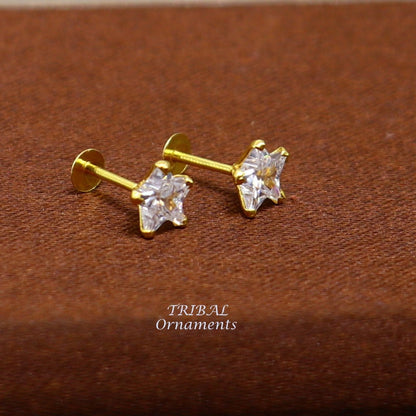 5mm 18kt yellow gold handmade single cubic zircon stone back screw star shape stud earring cartilage customized unisex jewelry er146 - TRIBAL ORNAMENTS