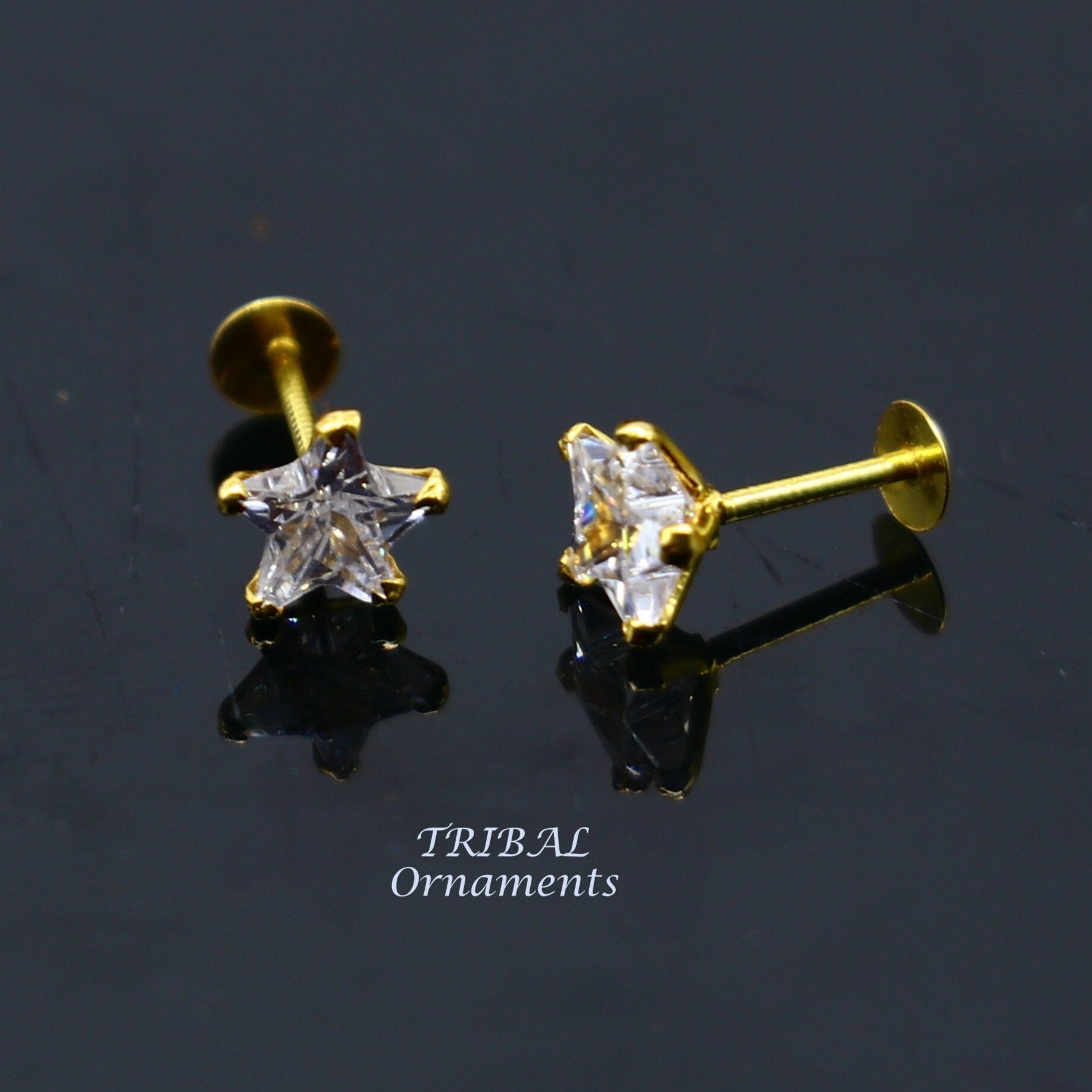 5mm 18kt yellow gold handmade single cubic zircon stone back screw star shape stud earring cartilage customized unisex jewelry er146 - TRIBAL ORNAMENTS