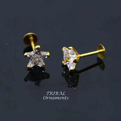 5mm 18kt yellow gold handmade single cubic zircon stone back screw star shape stud earring cartilage customized unisex jewelry er146 - TRIBAL ORNAMENTS