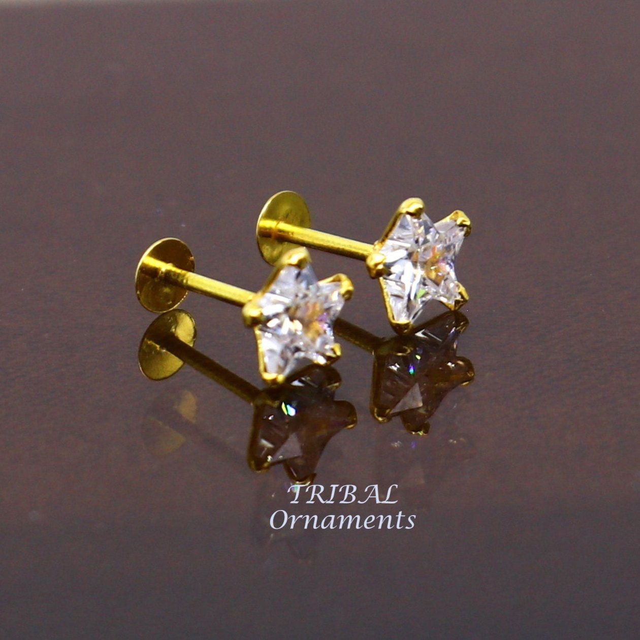 5mm 18kt yellow gold handmade single cubic zircon stone back screw star shape stud earring cartilage customized unisex jewelry er146 - TRIBAL ORNAMENTS