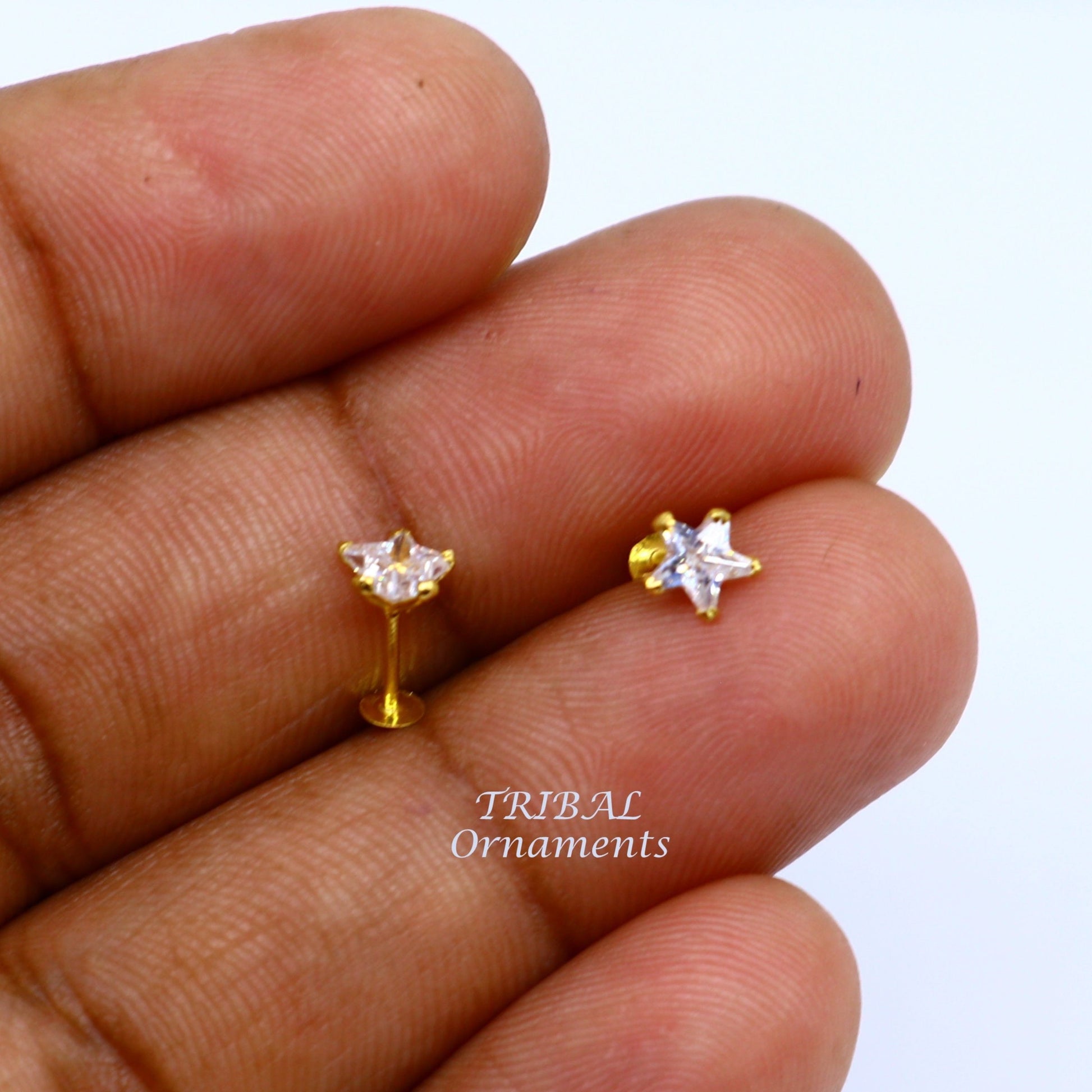 5mm 18kt yellow gold handmade single cubic zircon stone back screw star shape stud earring cartilage customized unisex jewelry er146 - TRIBAL ORNAMENTS