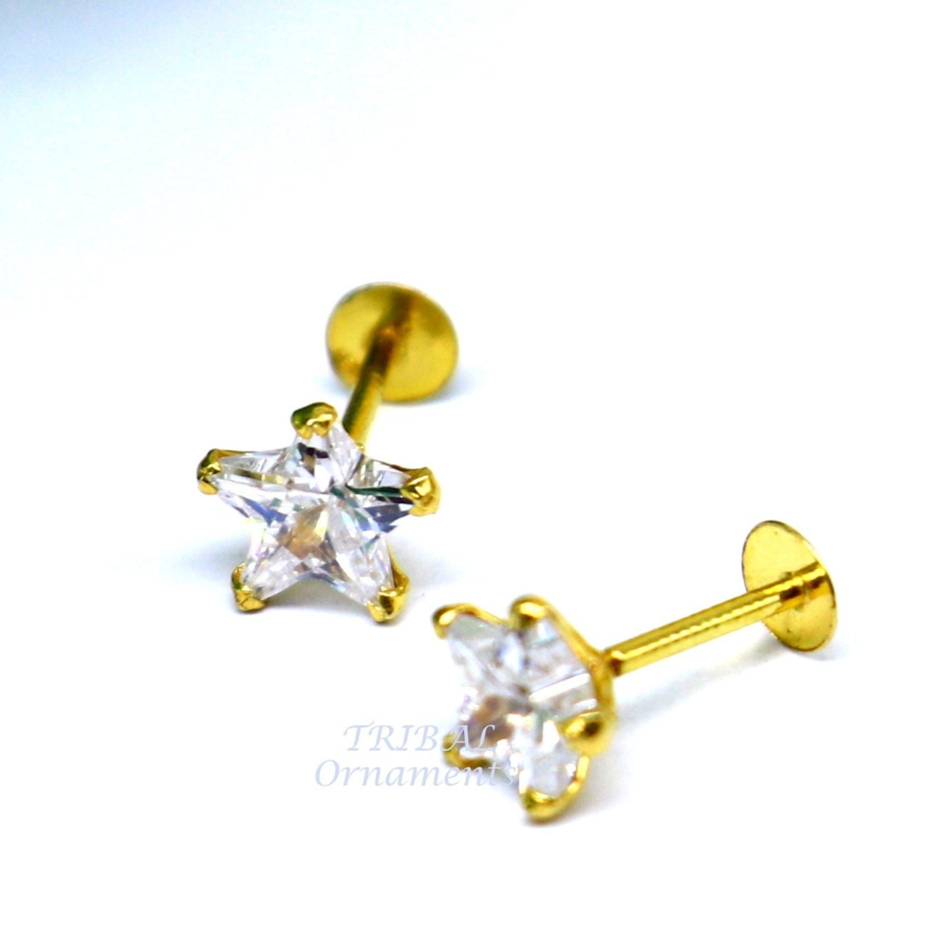 5mm 18kt yellow gold handmade single cubic zircon stone back screw star shape stud earring cartilage customized unisex jewelry er146 - TRIBAL ORNAMENTS