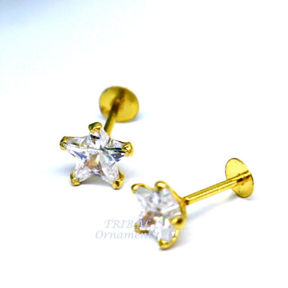 5mm 18kt yellow gold handmade single cubic zircon stone back screw star shape stud earring cartilage customized unisex jewelry er146 - TRIBAL ORNAMENTS